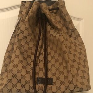 New Authentic Gucci Brown Canvas Drawstring Backpack. 12.5x14x6.